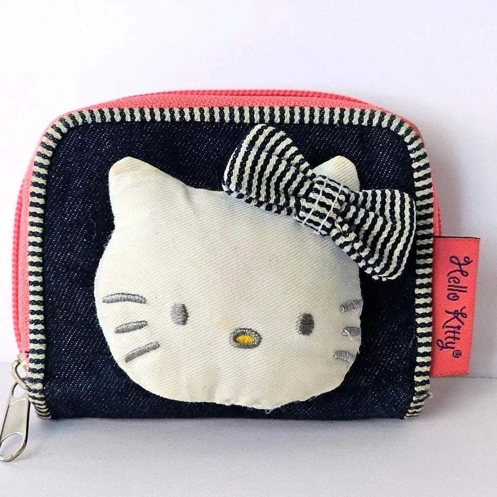 Y2K Sanrio Hello Kitty Denim Wallet Plush 3D Cat Kitten Pink Zipper Bow 1719